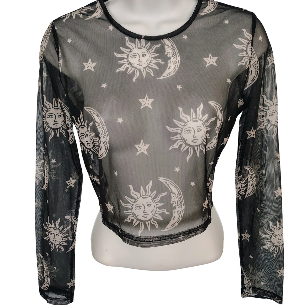 Sun Moon Star Celestial Sheer Mesh Long Sleeve Crop Top Black Med goth‎ vamp